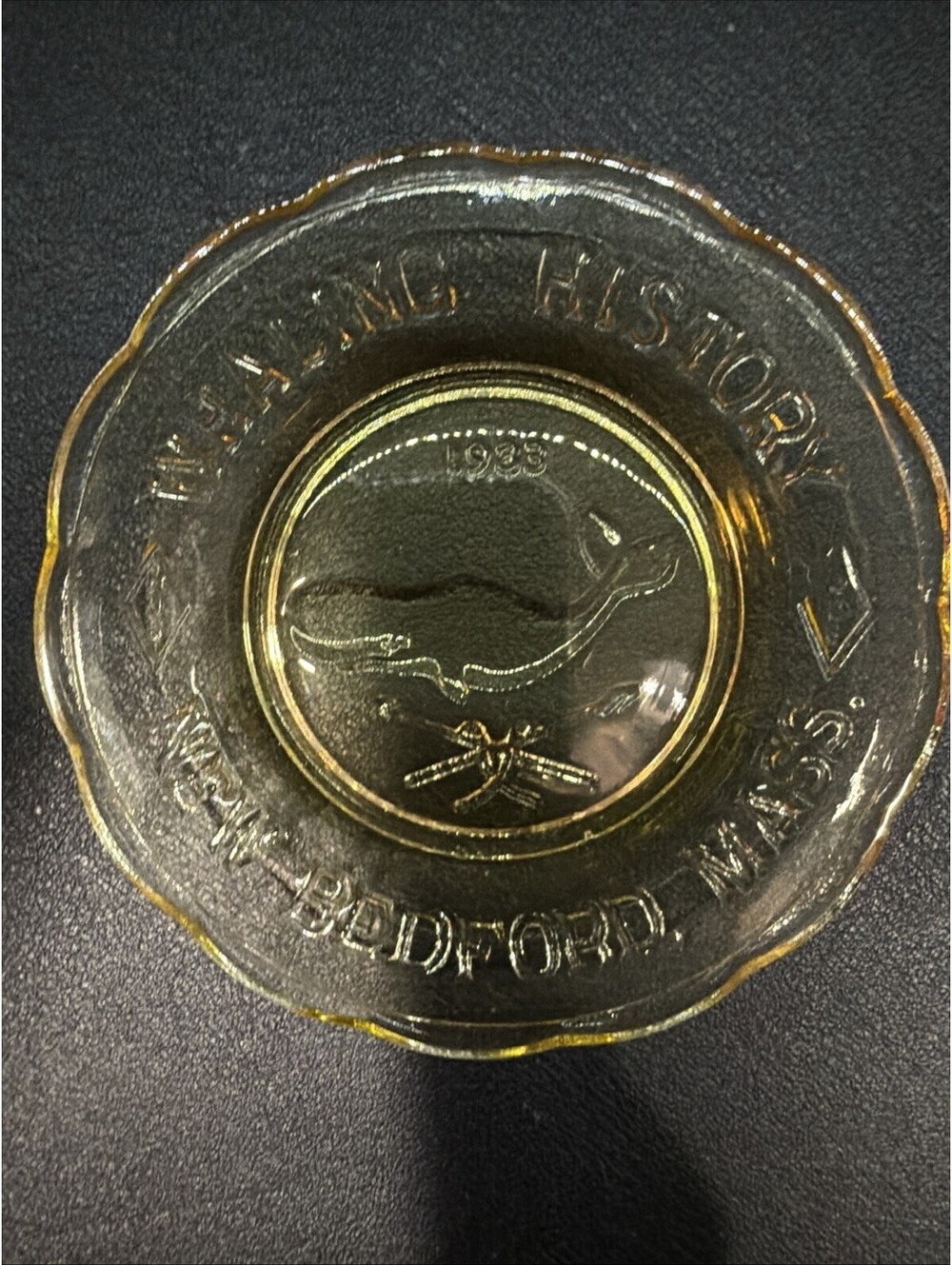 Vintage 1983 Whaling History New Bedford MA Amber Glass Plate Dish w/ Box